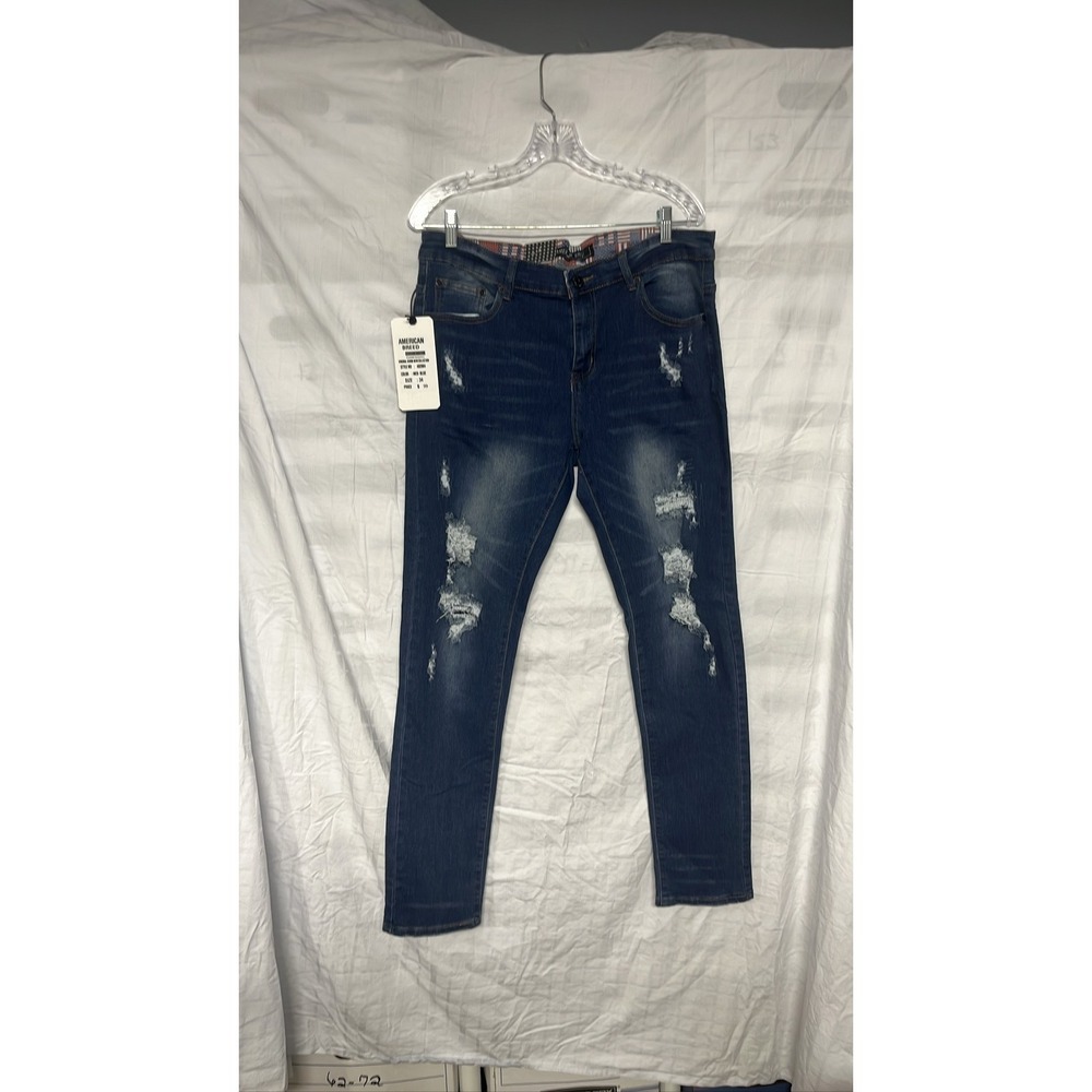 American Breed Men Distressed Skinny Jeans Blue Denim Stretch Rip Slit Sz 34